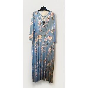 POSESHE Womens Size XXL Light Blue Floral Print SOFT Long Dress Long Sleeves NEW